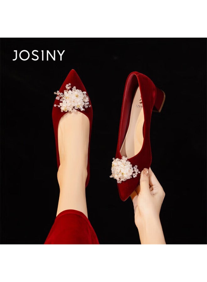 Josiny Red Pointed Toe High Heels Women  Spring New Wedding Shoes He Xiu Bridal Single Shoes Block Heel Red Size 35 - Image 1