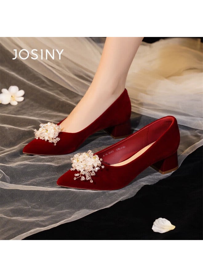 Josiny Red Pointed Toe High Heels Women  Spring New Wedding Shoes He Xiu Bridal Single Shoes Block Heel Red Size 35 - Image 3