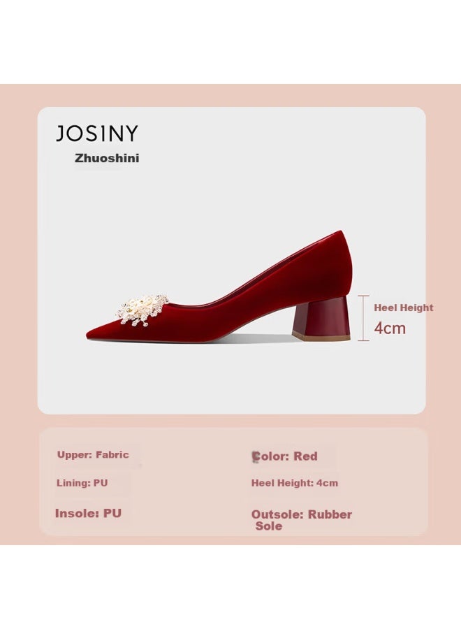 Josiny Red Pointed Toe High Heels Women  Spring New Wedding Shoes He Xiu Bridal Single Shoes Block Heel Red Size 35 - Image 2