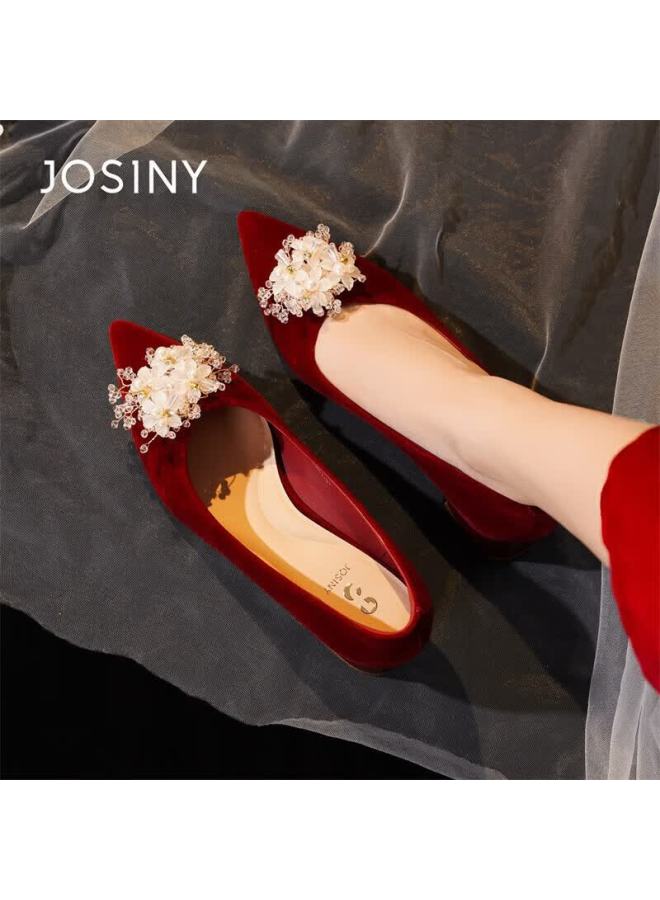Josiny Red Pointed Toe High Heels Women  Spring New Wedding Shoes He Xiu Bridal Single Shoes Block Heel Red Size 35 - Image 4