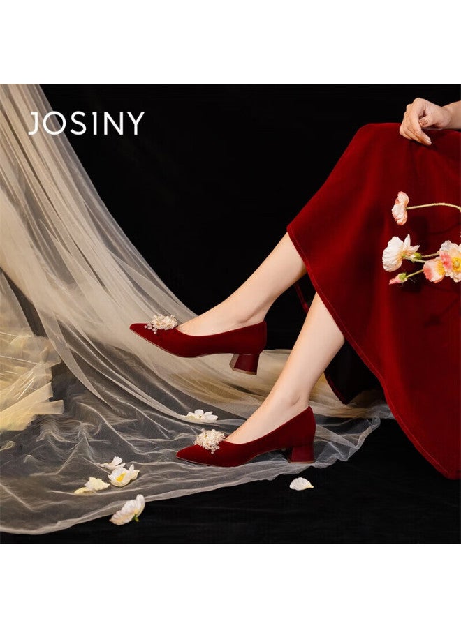 Josiny Red Pointed Toe High Heels Women  Spring New Wedding Shoes He Xiu Bridal Single Shoes Block Heel Red Size 35 - Image 5