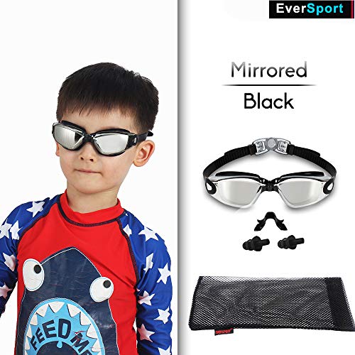 EverSport Kids Swim Goggles, Pack of 2 Swimming Goggles for Children Teens, Anti-Fog Anti-UV Youth Swim Glasses Leak Proof for Age4-16, Mirrored Blue & Black, Portable - Image 2