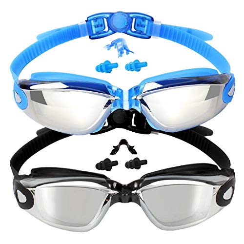 EverSport Kids Swim Goggles, Pack of 2 Swimming Goggles for Children Teens, Anti-Fog Anti-UV Youth Swim Glasses Leak Proof for Age4-16, Mirrored Blue & Black, Portable - Image 1