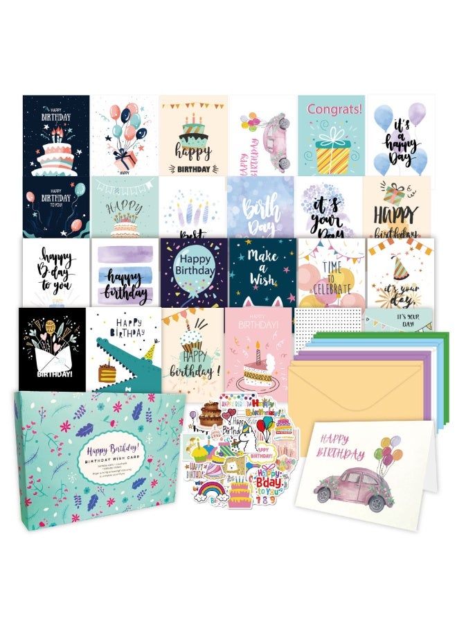 50 Happy Birthday Cards with 10 Envelopes & 27 Stickers, Blank Happy Birthday Cards Assortment in Bulk for Family, Kids, Friends, Work & Office Celebrations (B) - Image 1