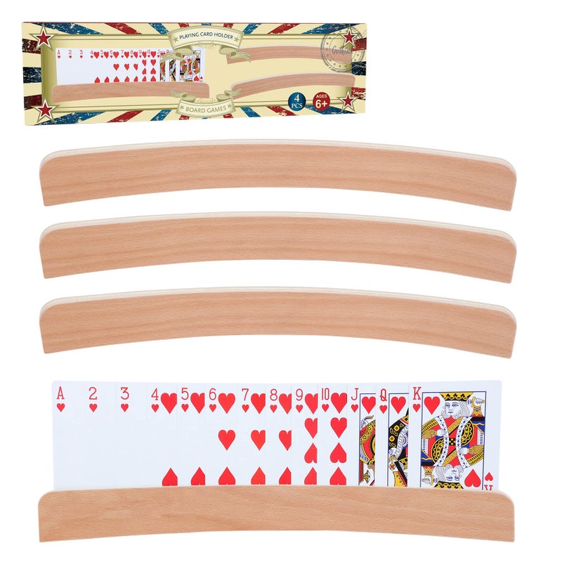 GOTHINK Set of 4 - Wood Curved Playing Card Holder for Kids Adult Seniors Solid Wood Cards Holders for Playing Cards 13.4 x1.4 x 0.5 Inch Non Slip Card Deck for Bridge Canasta Strategy Card Games - Image 1