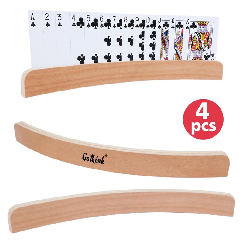 GOTHINK Set of 4 - Wood Curved Playing Card Holder for Kids Adult Seniors Solid Wood Cards Holders for Playing Cards 13.4 x1.4 x 0.5 Inch Non Slip Card Deck for Bridge Canasta Strategy Card Games - Image 3
