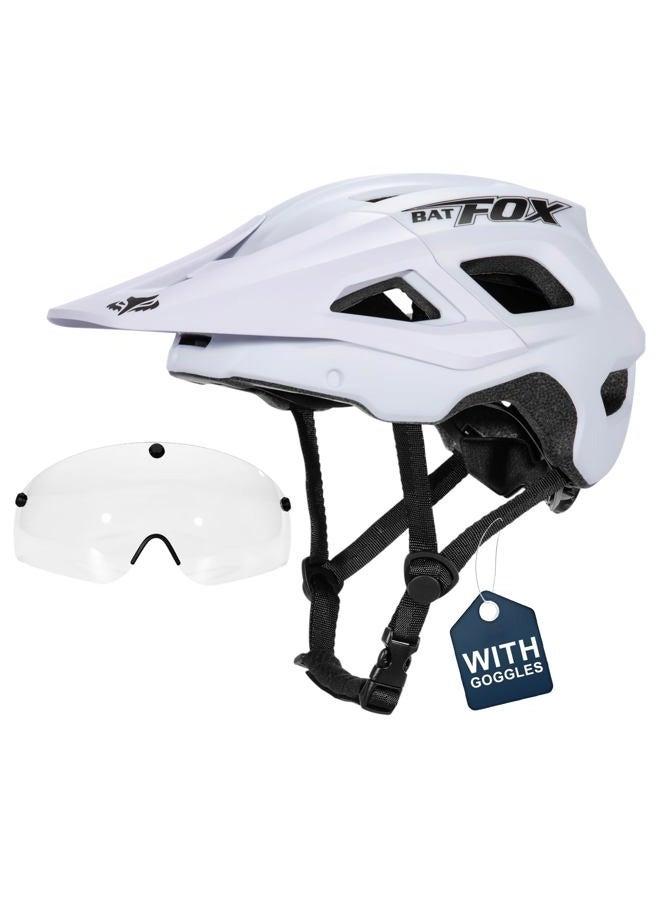 BATFOX Mountain Bike Helmet for Men Women,MTB Bicycle Cycling E-Bike Helmet for Adults Fit(52-60CM) (W/Goggles-White, L(56-60CM)) - Image 1