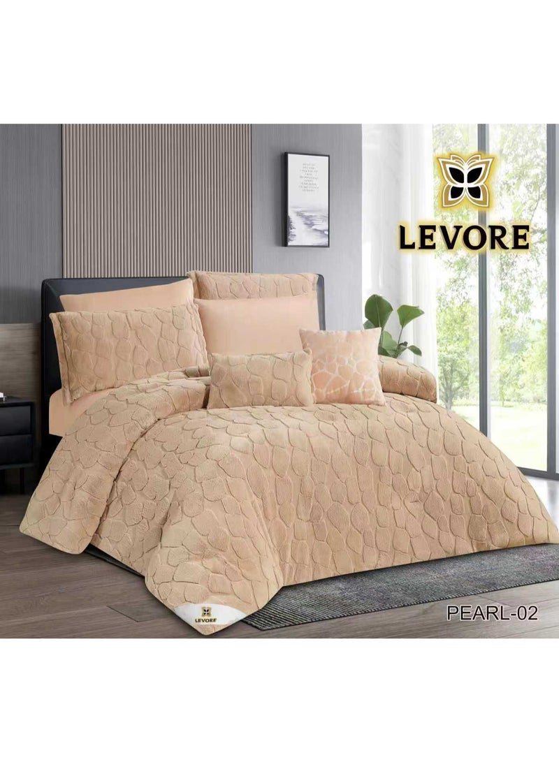 LEVORE Pearl Winter Double Bedspread Set, 8 Pieces, Luxurious Faux Fur