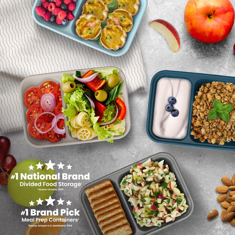 Bentgo Prep - 2-Compartment Snack Containers with Lids - Reusable, Microwaveable, Durable, PFAS & BPA-Free, Freezer and Dishwasher-Safe Meal Prep Food Storage - 10 Trays & 10 Lids (Deep Teal) - Image 2