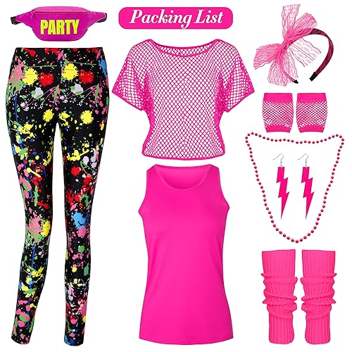 CICOCI 80s 90s Outfit For Women Neno Party Fishnet Top1980s Costume with 80s Accessories Set Retro Party Leg Warmers Headband Pink - Image 4