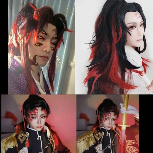 ANOGOL Hair Cap+Tsugikuni Yoriichi Wig Black Wig with Red Hightlight for Anime Cosplay Synthetic Black and Red Wigs Long Wavy Ponytail Wigs Costume for Halloween Party - Image 3