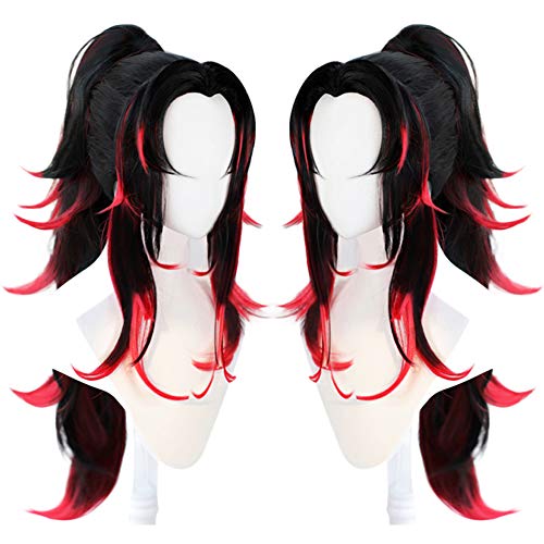 ANOGOL Hair Cap+Tsugikuni Yoriichi Wig Black Wig with Red Hightlight for Anime Cosplay Synthetic Black and Red Wigs Long Wavy Ponytail Wigs Costume for Halloween Party - Image 1