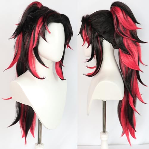 ANOGOL Hair Cap+Tsugikuni Yoriichi Wig Black Wig with Red Hightlight for Anime Cosplay Synthetic Black and Red Wigs Long Wavy Ponytail Wigs Costume for Halloween Party - Image 4