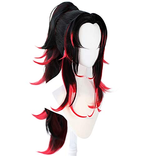 ANOGOL Hair Cap+Tsugikuni Yoriichi Wig Black Wig with Red Hightlight for Anime Cosplay Synthetic Black and Red Wigs Long Wavy Ponytail Wigs Costume for Halloween Party - Image 2