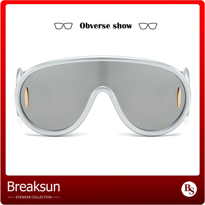 Breaksun Fashion Wave Mask Sunglasses for Women Men Oversized Silver Mirrored Futuristic Shield Sun Glasses Designer Style (Silver/Silver Mirror) - Image 5