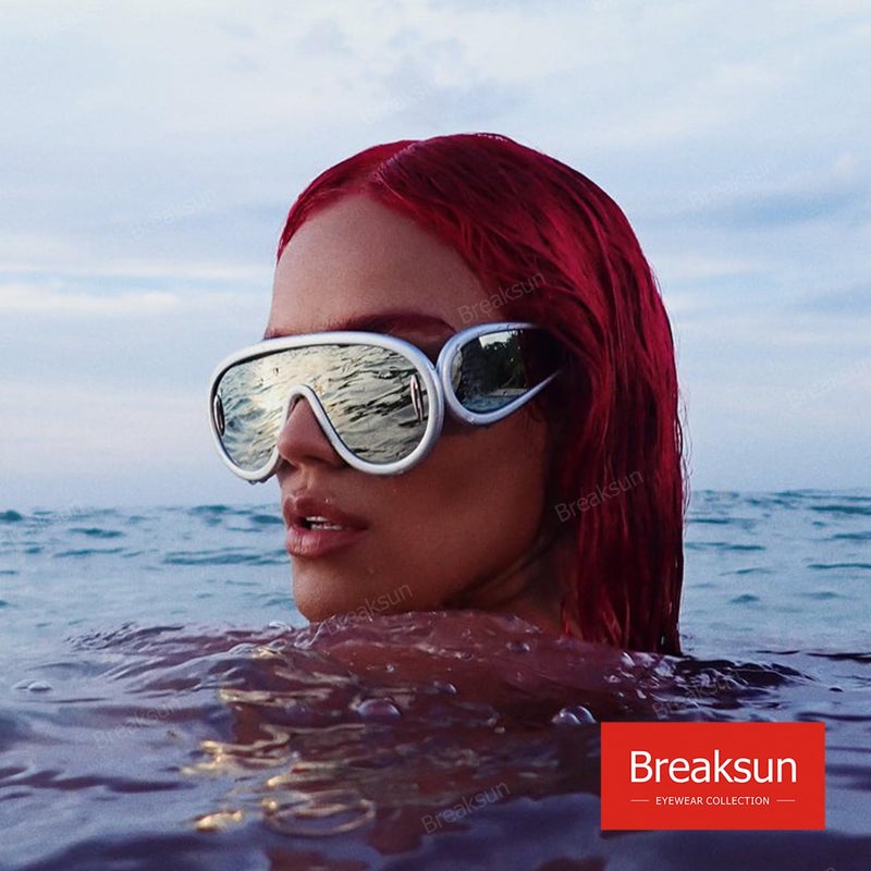 Breaksun Fashion Wave Mask Sunglasses for Women Men Oversized Silver Mirrored Futuristic Shield Sun Glasses Designer Style (Silver/Silver Mirror) - Image 2