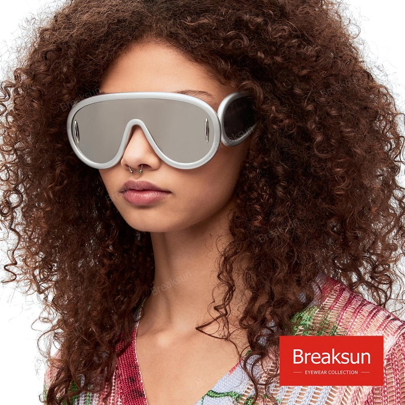 Breaksun Fashion Wave Mask Sunglasses for Women Men Oversized Silver Mirrored Futuristic Shield Sun Glasses Designer Style (Silver/Silver Mirror) - Image 4