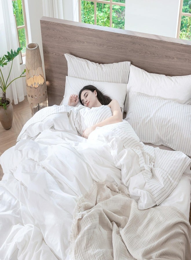 MooMee Bedding Duvet Cover Set 100% Washed Cotton Linen Like Textured Breathable Durable Soft Comfy (Solid Bright White, Super King 108"x98") - Image 2