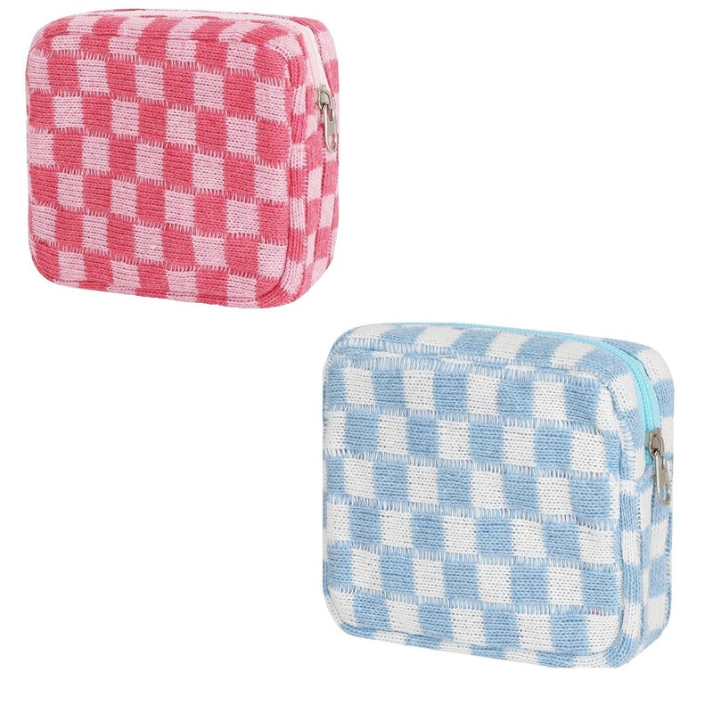 May Create ® 2pcs Small Makeup Pouch Sanitary Pad Pouch 5.5in Period Bag Checked Print Coin Purse Zipper Sanitary Napkin Pads Storage Pouch Feminine Travel Pouch for Teen Girls Women - Image 1