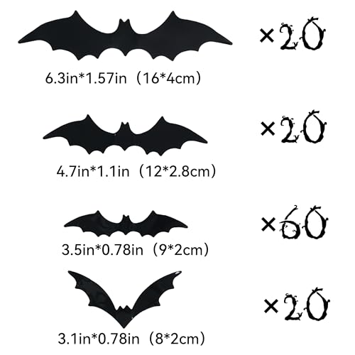 Bobobag 120 Pcs 3D Bats Halloween Decorations,Halloween Wall Decor 4 Sizes Black Bats Sticker for Wall Window - Image 2