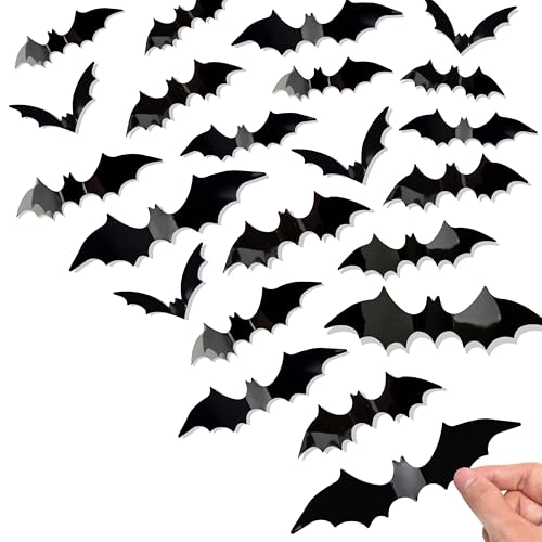 Bobobag 120 Pcs 3D Bats Halloween Decorations,Halloween Wall Decor 4 Sizes Black Bats Sticker for Wall Window - Image 1