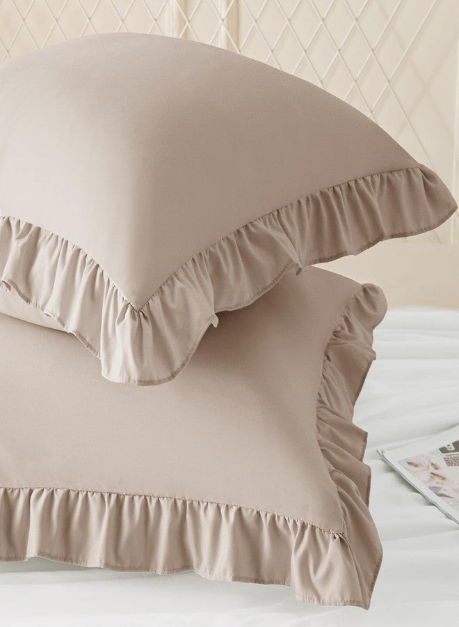 KKJIAF Ruffle Pillow Cases 18x18 Inches, Khaki Square Ruffled Pillow Covers Set of 2, Microfiber Wrinkle Resistant Pillow Shams with Envelope Closure for Sofa Bed Living Room - Image 2