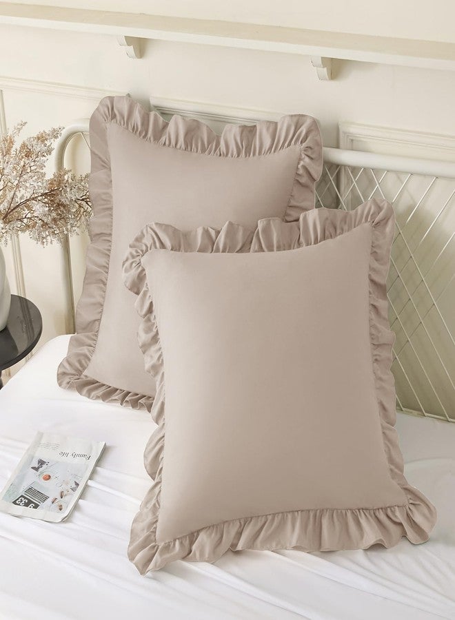 KKJIAF Ruffle Pillow Cases 18x18 Inches, Khaki Square Ruffled Pillow Covers Set of 2, Microfiber Wrinkle Resistant Pillow Shams with Envelope Closure for Sofa Bed Living Room - Image 1