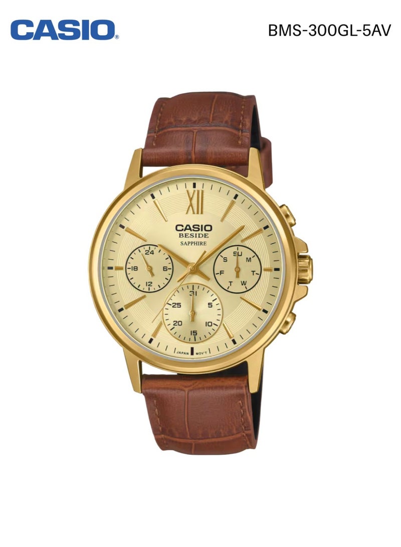 Casio Beside BMS-300GL-5AV Analog Watch Sapphire Crystal Gold Case Leather Strap