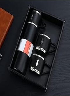 Double-Wall Stainless Steel Vacuum Thermos Flask with Silicone Handle and Insulated Lid Set With 2 Stainless Steel Cups for Hot and Cold Beverages 500 ML, Black