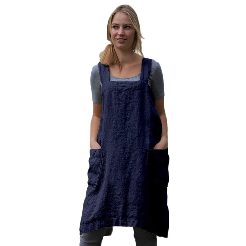 Larmliss Womens Pinafore Square Apron Baking Cooking Gardening Works Cross Back Cotton/Linen Blend Dress with 2 Pockets - Image 1