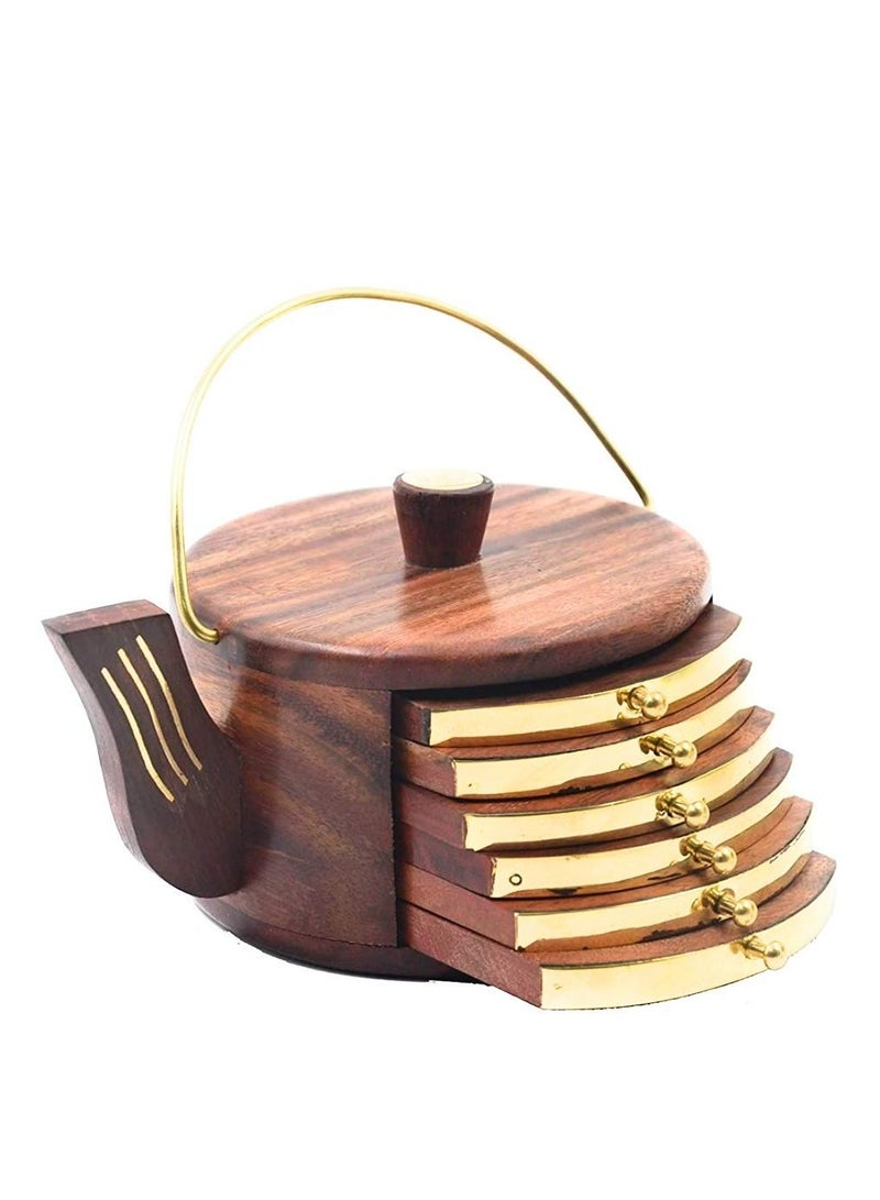 Set of 6 Beautiful Handmade Wooden Kettle Shape Coasters for Tea Cups Coffee Mugs  - Image 1