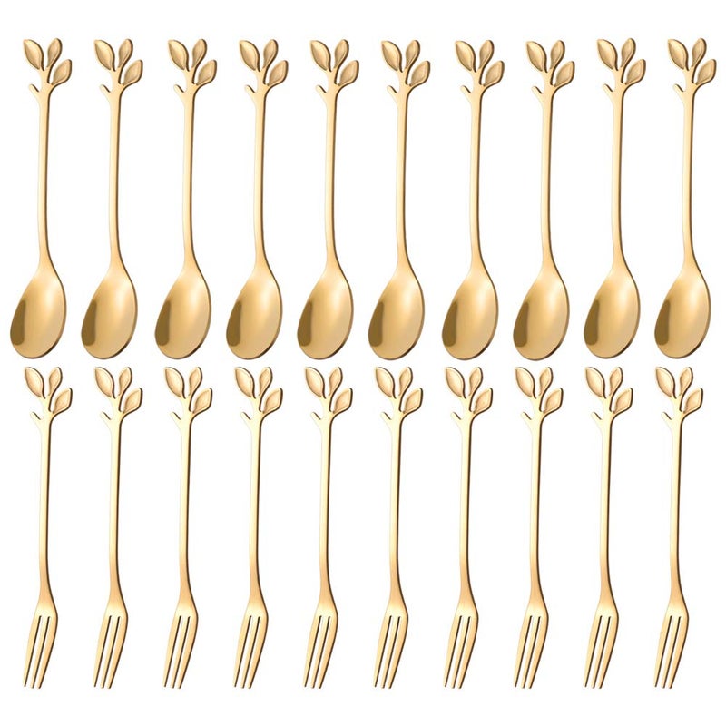 AnSaw 20Pc Mini Gold Coffee Spoons  Dessert Forks Set 47 Stainless Steel Leaf Handle Ideal for Tea Appetizers Tastings  Perfect for Party Charcuterie Cocktails