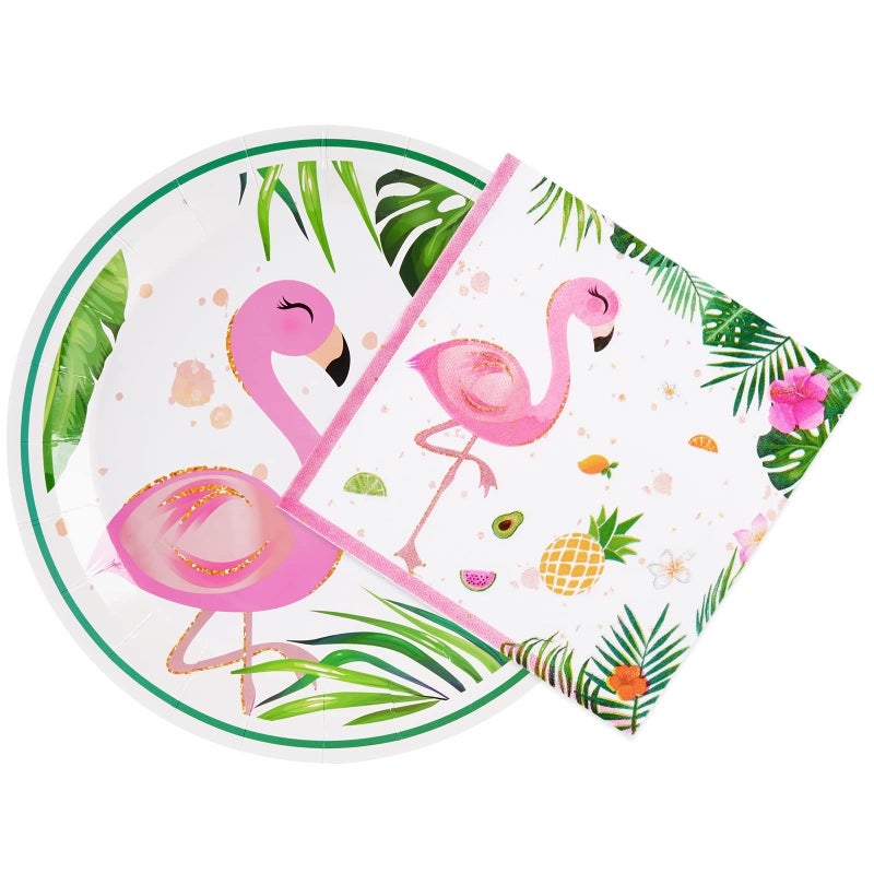 WERNNSAI Flamingo Plates and Napkins Set - Serves 50 Guests 100 PCS Hawaiian Luau Party Supplies Disposable Tableware Set Dinner Luncheon Plates Napkins for Birthday Baby Shower Wedding Party - Image 1
