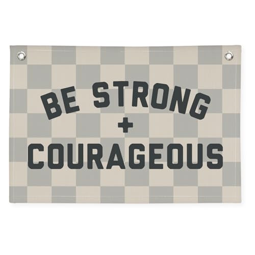 XYDEG Motivational Quotes Boys Room Decor，Be Strong Courageous Bibie Joshua 1:9 Playroom Decor Linen Canvas Banner,Vintage Checkered Wall Hanging Flag Decor for Kids Toddler Room 30x20 bestrong - Image 1