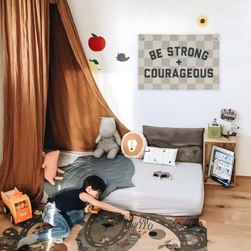 XYDEG Motivational Quotes Boys Room Decor，Be Strong Courageous Bibie Joshua 1:9 Playroom Decor Linen Canvas Banner,Vintage Checkered Wall Hanging Flag Decor for Kids Toddler Room 30x20 bestrong - Image 4