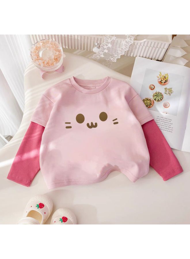 Girls' Autumn/winter Pure Cotton Long Sleeve T-shirt New Cartoon Patchwork Color Block Two-in-one Base Shirt For Older Children