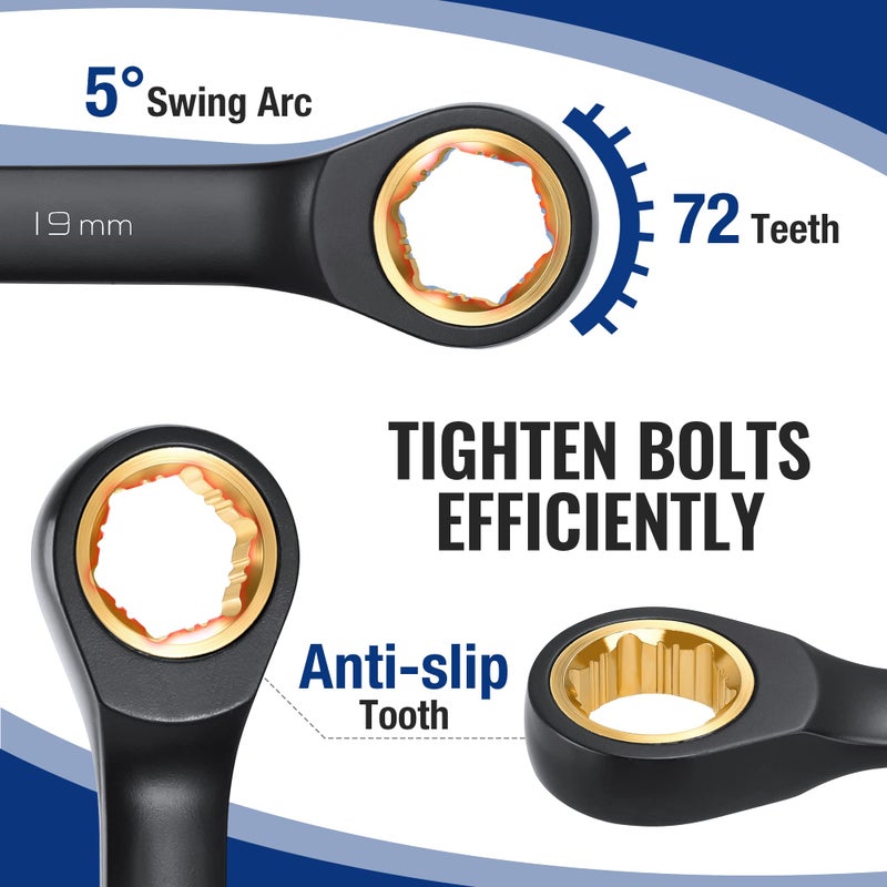 WORKPRO 9-Piece Anti-Slip Ratcheting Combination Wrench Set, Metric 8-19 mm, 72-Teeth, Cr-V Constructed, Black Ratchet Wrenches Set with Roll Up Pouch - Image 3