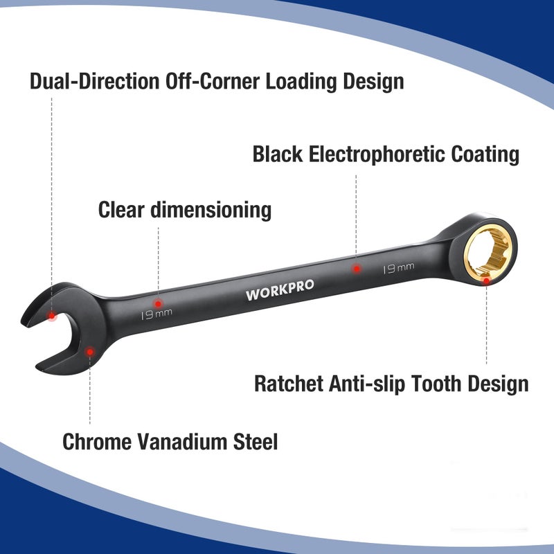 WORKPRO 9-Piece Anti-Slip Ratcheting Combination Wrench Set, Metric 8-19 mm, 72-Teeth, Cr-V Constructed, Black Ratchet Wrenches Set with Roll Up Pouch - Image 4