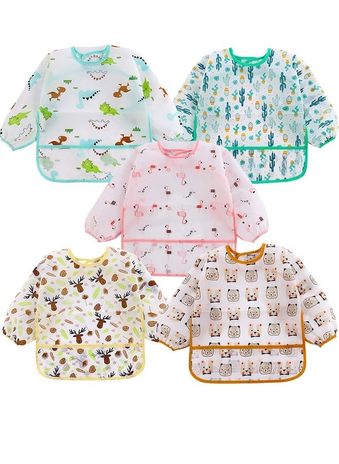 MARHABABY 5 Pack Baby Long Sleeve Bibs, Toddler Feeding Waterproof Bibs with Great Capacity Pocket, Infant Smock Shirt Bib for Eating, Painting, Playing, Travel, Size 100, Suitable for Baby 2-4 Years Old  - Image 1