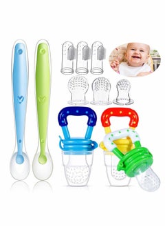 Excefore 11 Pack Baby Food Feeder Set, Baby Fruit Feeder Pacifier Fresh Food Feeder with 3 Sizes Silicone Pouches, Infant Fruit Teething Toy Includes 3 Baby Finger Toothbrushes and 2 Baby Feeding Spoons  - Image 1