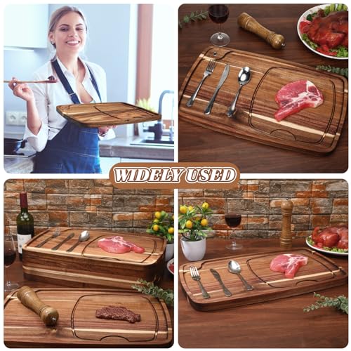 Uiifan 1 Pcs Steak Plates with Juice Channel Wooden Steak Board Set Acacia Cutting Serving Board for Home Serving Eating Meat Dishes Snack Dessert, 13 x 11 x 0.6 Inch - Image 5