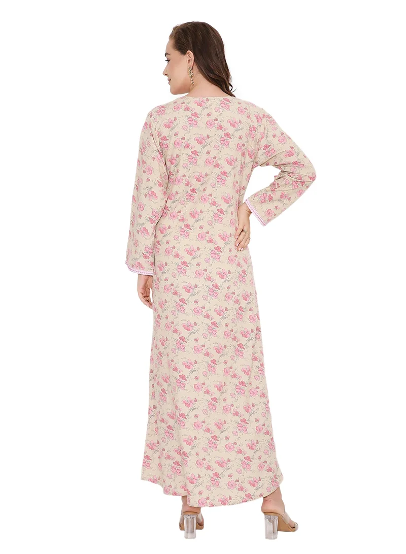 هانا آند سارا فستان جلابية عربي بطبعة زهور باللونين البيج والوردي للنساء