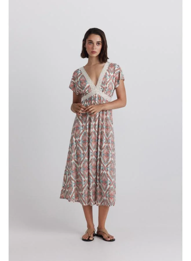 Border print short sleeve midi dress