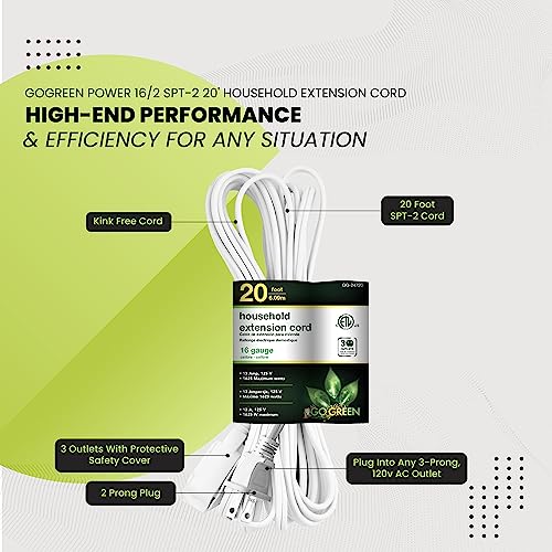 Power By GoGreen Go Green Power Inc. 20ft Household Extension Cord, White, 3 Outlets, 16/2, Indoor Use Only - Safe, Reliable, and Child-Safe Covers - Ideal for Everyday Electronics - Image 5