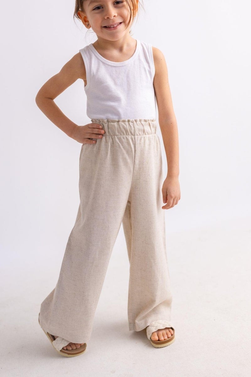 Oliven The Kid Beige Linen Waist Ruffle Elastic Wide Leg Girl Trousers - Image 2