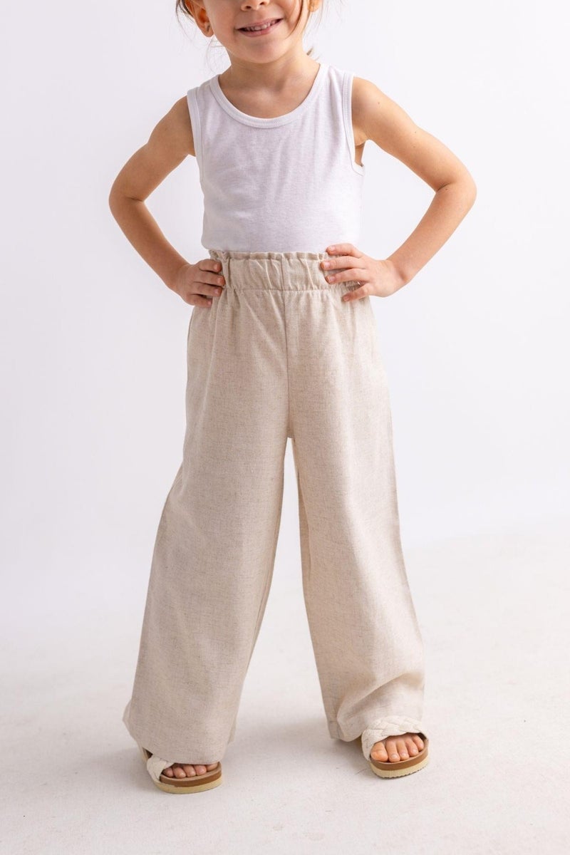 Oliven The Kid Beige Linen Waist Ruffle Elastic Wide Leg Girl Trousers - Image 3
