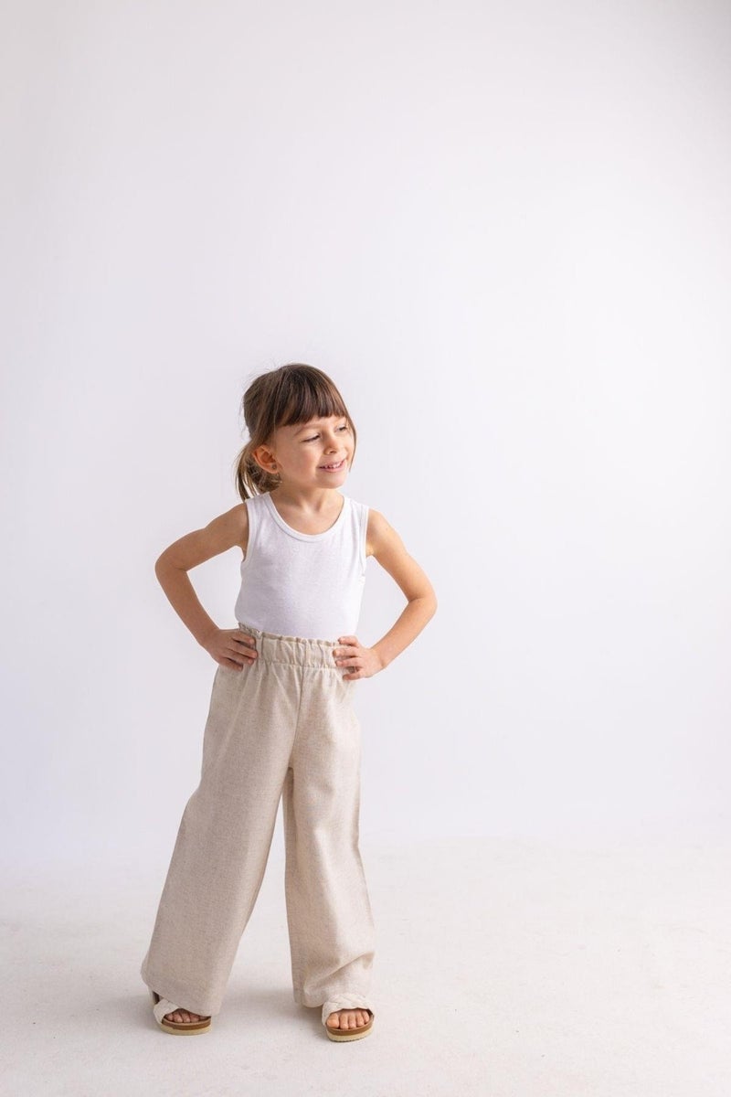 Oliven The Kid Beige Linen Waist Ruffle Elastic Wide Leg Girl Trousers - Image 1