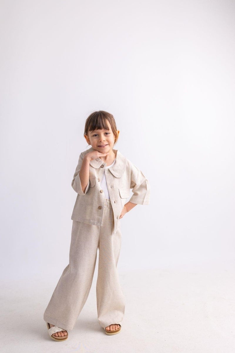 Oliven The Kid Beige Linen Waist Ruffle Elastic Wide Leg Girl Trousers - Image 4