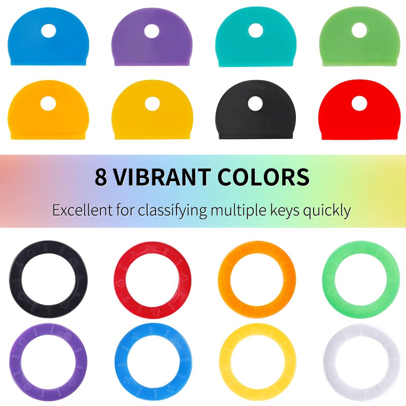Vibit 32 Pack Key Cap Tags Set in 8 Assorted Colors Plastic Key Identifier Coding Label Covers for Standard Flat House Keys, 2 Styles - Image 2