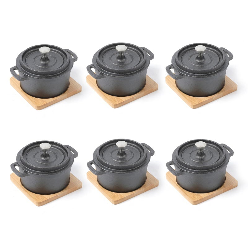 HAWOK Cast Iron Mini Round Cocotte Set Dia39 9oz Mini Dutch Oven with Bamboo Tray Set of 6 Preseasoned
